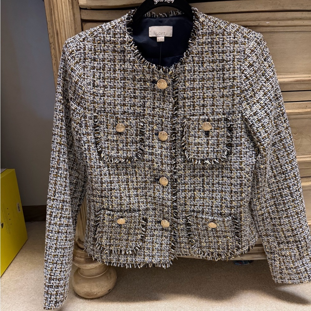 LOFT Women's Tweed Blazer - Black, Cream, and Gold